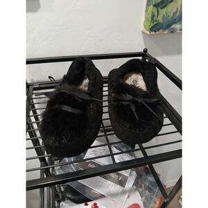 UGG WOMENS ANSLEY SHAINE SHEEPSKIN SUEDE MOCCASIN Black SLIPPERS SIZE 7